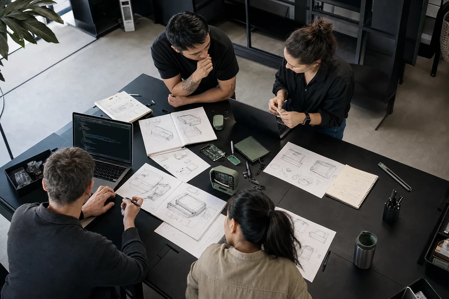 A multidisciplinary product team working around a prototype table