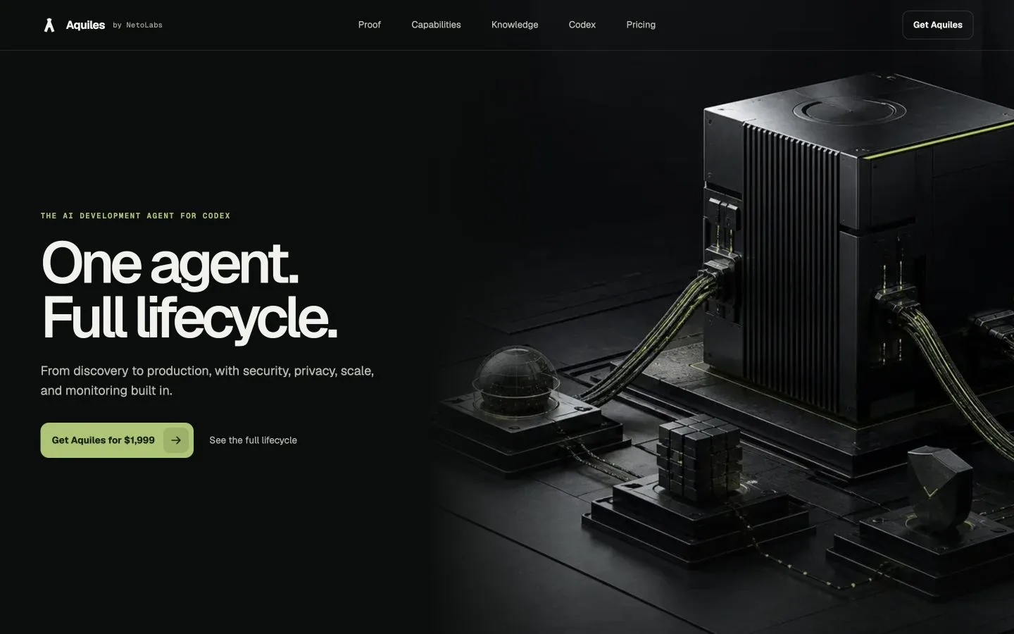 Aquiles AI development agent landing page